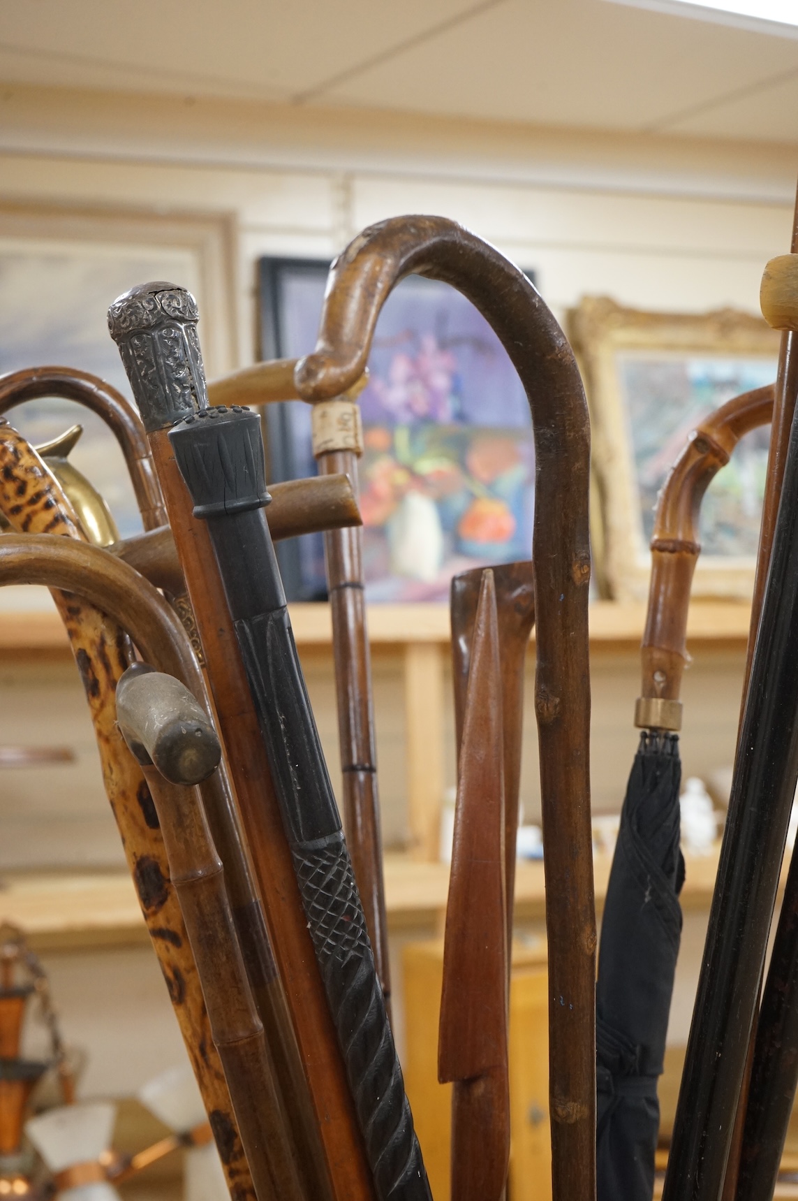 A collection of various walking sticks, some silver mounted, an umbrella with bamboo handle and a brass stick stand, stick stand 45cm high